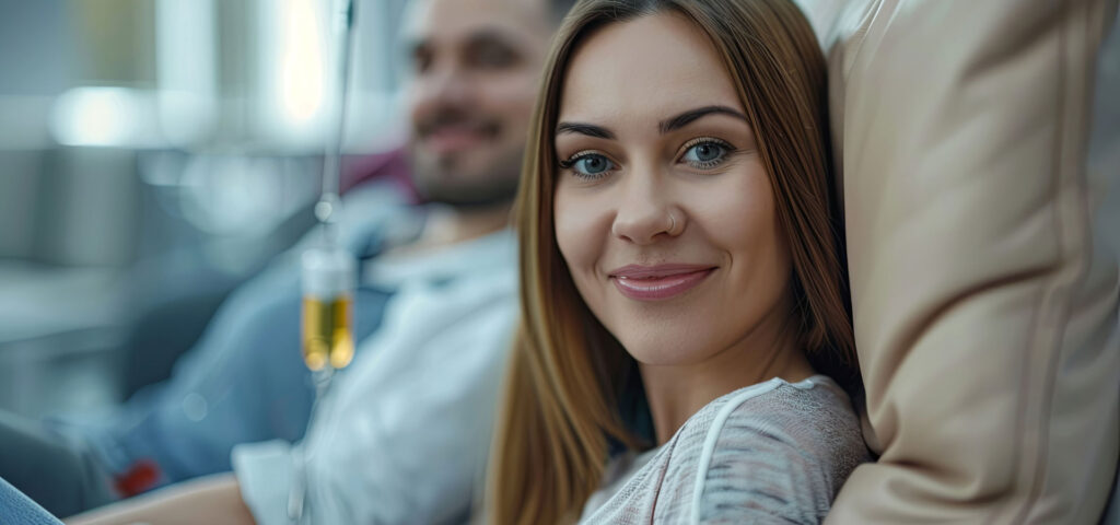 A young woman and man relaxing in a wellness clinic while receiving IV hydration therapy.